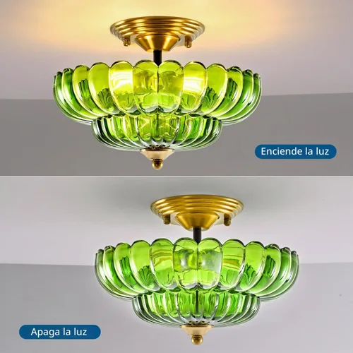 Vista 6 de Lámpara de Techo Moderna Semiempotrada, Luminaria de Techo de 3 Luces Negra Cerca del Techo con Pantalla de Vidrio Verde para Sala de Estar