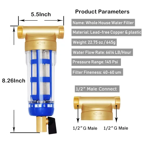 Vista 2 de Beduan Filtro de agua de sedimentos para toda la casa, protector de sistema de prefiltro reutilizable de 50 micrones, rosca macho de 1/2 pulgada