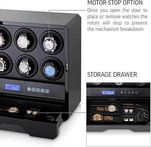 Vista 6 de Bobinador de reloj para 6 relojes automáticos con retroiluminación LED, control remoto y cajón de almacenamiento para relojes y joyas