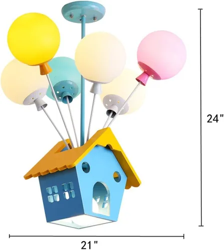 Vista 2 de RUNNUP Candelabro creativo de globos con casa de madera, 7 luces, cristal multicolor, colgante de techo para dormitorio infantil, habitación