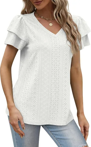 Vista 3 de Geifa Camisetas de verano para mujer, con volantes, manga corta, cuello en V, ajuste holgado, con ojales