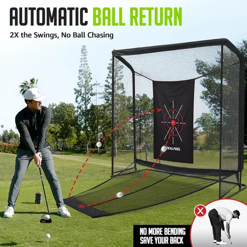 Vista 2 de Zealfeel Golf Net, Golf Simulator Enclosure Net with Side Barriers & Auto-Ball Return, Low-Noise Silk Target, Carry Bag, 2 Sand Bags, 4 Stakes