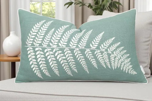 Vista 9 de Rudransha Funda de almohada lumbar con bordado de hojas de helecho botánico, 12 x 18 pulgadas, algodón marfil