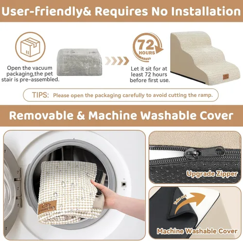 Vista 7 de Zerbuger Rampa para perros y escaleras para cama, beige de 3 escalones