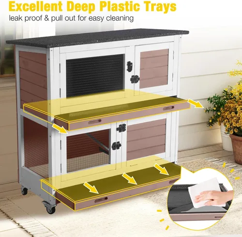 Vista 4 de Aivituvin Rabbit Hutch - Jaula para conejitos de interior para exteriores, casa de mascotas de 2 pisos, jaula de conejillo de indias con ruedas