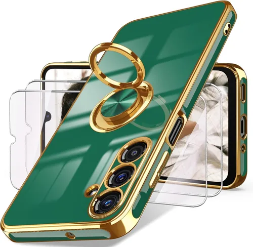 Vista 16 de Dretal Funda para Samsung Galaxy A15 5G, protector de pantalla, soporte de anillo giratorio de 360°, soporte magnético, borde dorado plateado, funda
