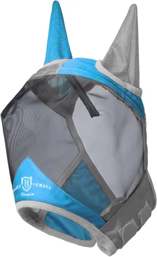 Vista 2 de Harrison Howard Máscara de mosca de caballo luminosa profesional estándar con orejas protección UV para caballo, azul y plateado, pequeño poni