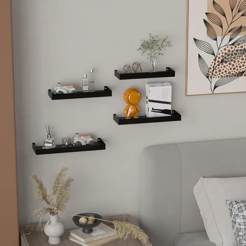 Vista 2 de RLAVBL Juego de 4 estantes flotantes de pared, estantes de pared rústicos de madera negra para dormitorio, sala de estar, cocina
