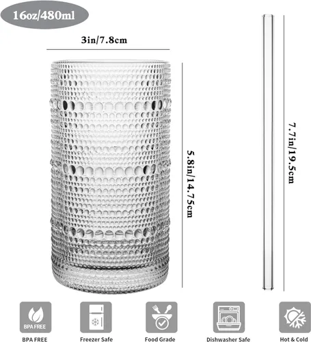 Vista 3 de Juego de 15 vasos de hobnail de 16 onzas / 16.2 fl oz vintage con pajitas, tazas gruesas en relieve para agua, café helado, jugo, cócteles, cocina