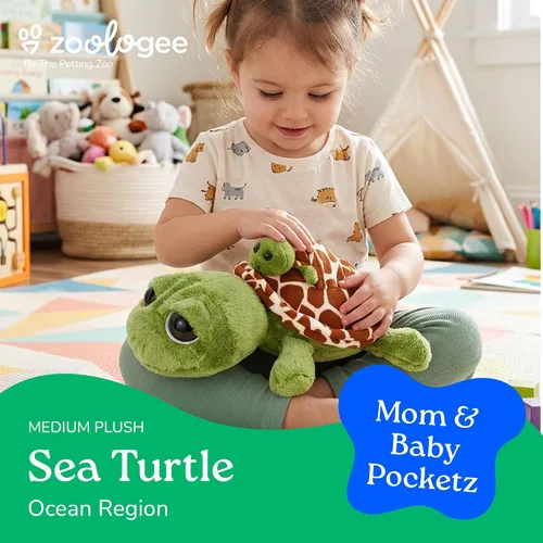 Vista 5 de The Petting Zoo Peluche de tortuga marina para mamá y bebé, regalos para niños, animales oceánicos Pocketz, juguete de peluche de tortuga marina