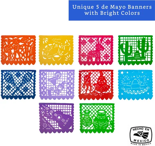 Vista 3 de Pancartas de fiesta mexicana (paquete de 5, 10 diseños de banderas de plástico por bandera) + piñata mexicana (grande de 32 pulgadas), pancarta