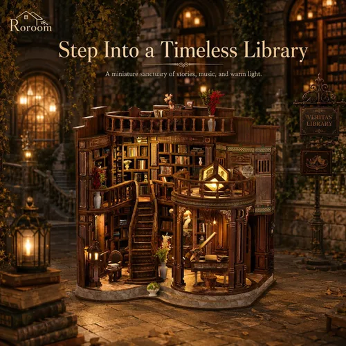 Vista 3 de Roroom Kit de casa en miniatura de bricolaje, kit de rincón de libros de Aw02003 Dreamy Book Hall
