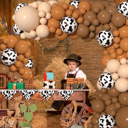 Vista 4 de JOGAMS Kit de guirnalda de arco de globos de vaca con 163 globos con estampado de vaca marrón desnudo para granja, vaquera occidental, temática