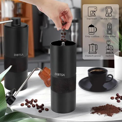 Vista 2 de DIBTSA Molinillo de café manual, capacidad de 0.9 onzas, molinillo de rebabas cónicas de acero inoxidable, ajuste ajustable de más fino a más Negro