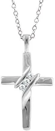 Vista 2 de Collar con colgante de cruz de tres piedras de diamantes de 10 quilates (0.05 cttw, I-JI2-I3) de 18 pulgadas, Diamante y oro, Diamante