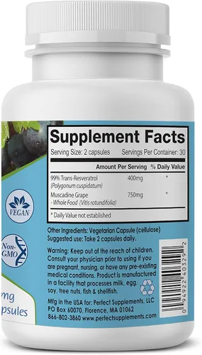 Vista 2 de Perfect ResGrape Max, 60 cápsulas vegetales por botella (paquete de 3) ~ 99% Trans-resveratrol y uva muscadina ~ Suplemento antienvejecimiento