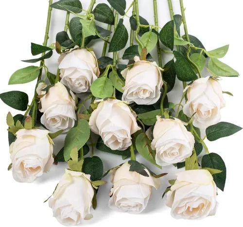 Vista 18 de 10 rosas artificiales de tallo largo, rosas de seda falsas para bricolaje, ramo de boda, mesa, centro de mesa, decoración del hogar (negro)