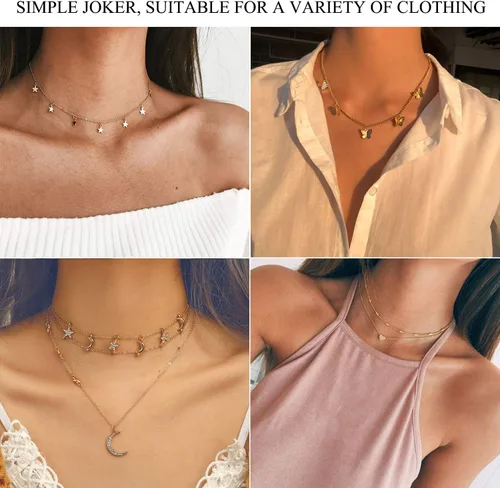Vista 5 de 4 collares de gargantilla en capas, de oro, con dijes de mariposa, estrella, luna, corazón, linda gargantilla de cadena multicapa para mujeres