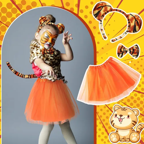Vista 6 de 2 Sets Animal Kid Costume CheetahTigerPigElephant with Headband Tail Bow Tie Tutu Skirt Nose for Girl Toddler Halloween