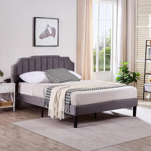 Vista 7 de VECELO Base de cama tamaño Queen tapizada con cabecera ajustable copetuda/base de colchón con soporte de listones de madera, fácil montaje, gris
