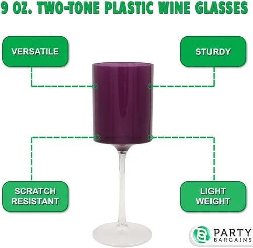 Vista 5 de PARTY BARGAINS Copas de vino de plástico de dos tonos de 9 onzas, morado y transparente, paquete de 5