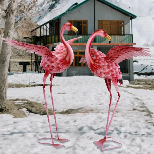 Vista 8 de Natelf Decoraciones de flamenco rosa para patio, estatuas y esculturas de jardín de pájaros altos, adornos de metal para patio al aire libre, juego