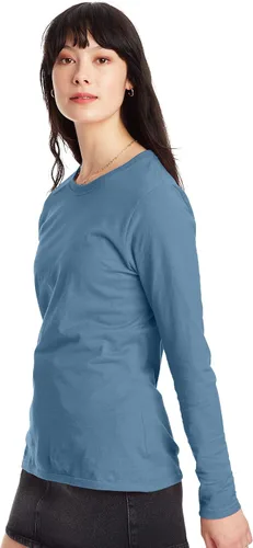 Vista 2 de Hanes Camiseta de algodón de manga larga para mujer, camiseta ligera con cuello redondo, ajuste moderno