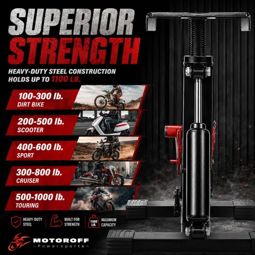 Vista 7 de Soporte ajustable para motocross y gato Powersport de capacidad de 1000LBS, soporte de elevación hidráulico resistente para motocicleta y soporte