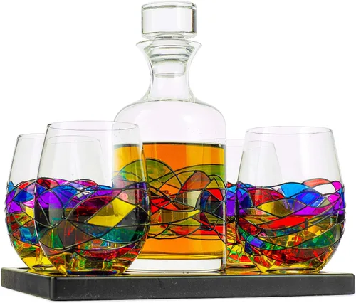 Vista 2 de Juego de decantadores artesanales de whisky y vino pintados a mano, diseño de vitrales renacentistas de Barcelona, regalo único para el día