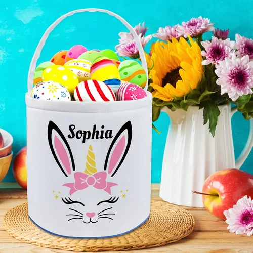 Vista 6 de Cesta de Pascua personalizada con nombre para niñas, niños y niños, cesta de Pascua personalizada bolsas de regalo para caza de huevos de Pascua