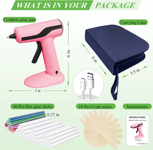 Vista 7 de Kit de pistola de pegamento caliente inalámbrica MONVICT, pistola de pegamento rosa mini recargable USB-C con 40 piezas de barras de pegamento