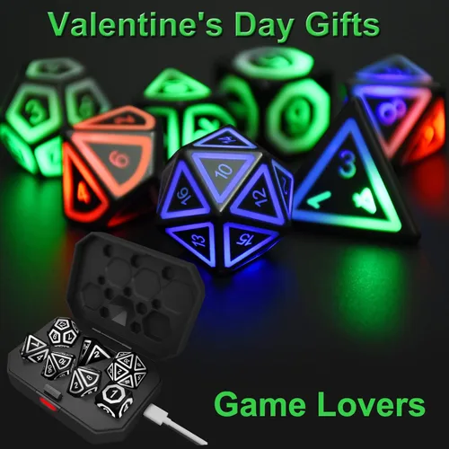 Vista 5 de Juego de dados DND recargables, dados iluminados, 7 dados LED balanceados brillantes, dados electrónicos, dados D & D, juego de dados poliédricos