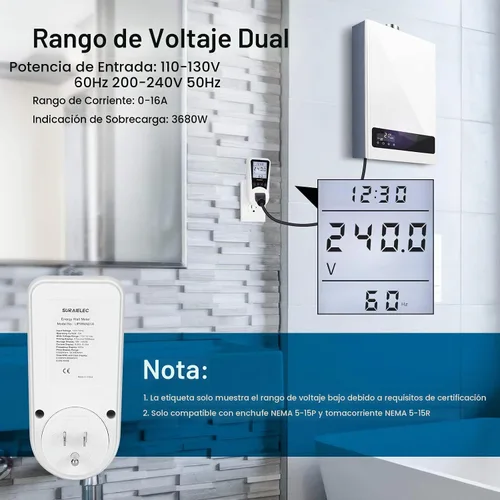 Vista 7 de SURAIELEC Medidor de Vatios, Medidor de Energía de Enchufe, Calculadora Automática de Costos, Pantalla Grande Retroiluminada, Protección Contra