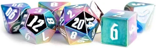 Vista 2 de FanRoll - Rainbow Aegis Uninked: 0.630 in de acrílico chapado en aluminio, juego de 7 piezas de dados de metal poliédrico para Calabozos y Dragones