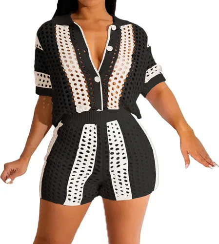 Vista 6 de VOIKERDR Crochet Sets Two Piece Women Hollow Out Shirt and Shorts Todo negro