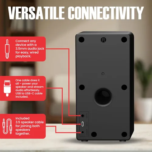 Vista 5 de Audiosource Altavoces de escritorio para PC con Bluetooth 5.3, USB-C Plug & Play, altavoces de computadora estéreo 2.0 con controladores duales