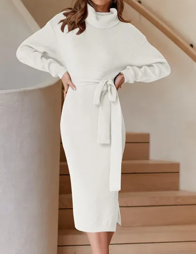 Vista 65 de ZESICA - Vestido por debajo de la rodilla de suéter, de cuello alto, para mujer, de manga larga, de punto acanalado, con abertura y cinturón
