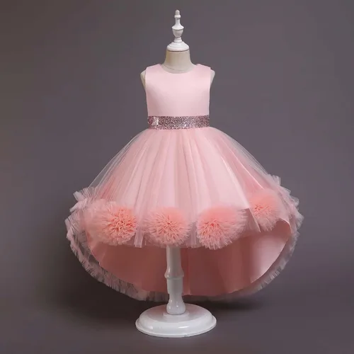 Vista 3 de Vestido de princesa para niñas para boda, fiesta de cumpleaños, vestido de tul alto bajo, vestido de baile de lentejuelas con tren