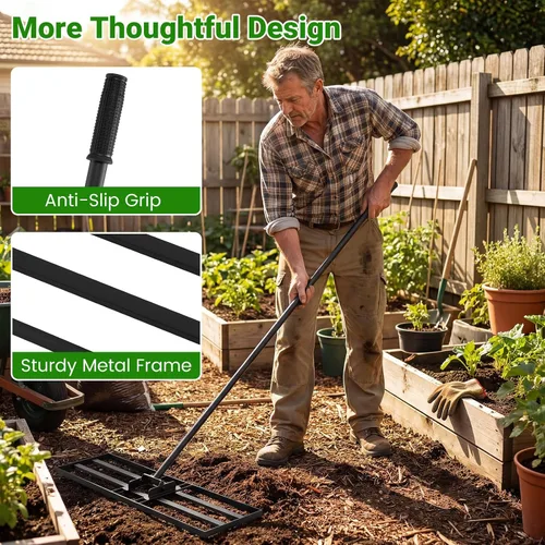 Vista 4 de Goplus Rastrillo nivelador de césped, herramienta de césped de 30 x 10 pulgadas con mango ergonómico para suelo, rastrillo de paisaje que ahorra