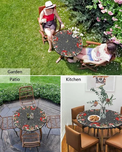 Vista 6 de Mantel Ajustado de Hongos para Mesa Redonda, Cubierta de Mesa de Cocina Botánica Pastoral Floral con Borde Elástico Tela Impermeable, Cubiertas Negro
