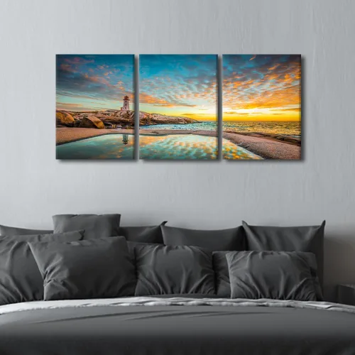 Vista 4 de TFIAVSIN 3 paneles de arte para pared, impresión en lienzo con diseño de faro de Peggy's Cove, puesta de sol, vista al océano, paisaje, cuadro
