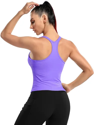 Vista 3 de ATTRACO Camiseta corta acanalada de entrenamiento para mujer con brasier integrado para yoga, espalda cruzada, ajuste ajustado