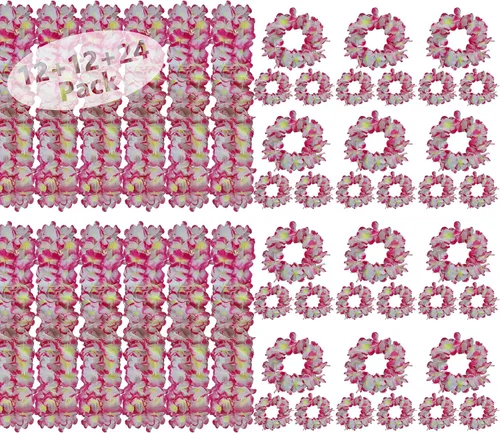 Vista 8 de 48 piezas de Leis hawaianos gruesos a granel, revelación de género Leis Blue Jumbo 12 diademas 24 pulseras, 12 collares florales para fiesta Luau