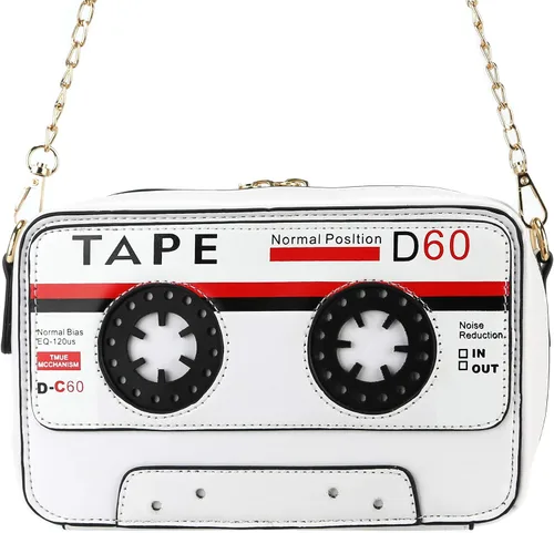 Vista 5 de QiMing Bolso de noche con forma de cinta retro, bolso cruzado de casete de audio de PU para mujer