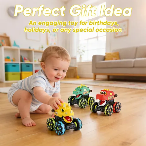 Vista 6 de Camiones monstruos para niños pequeños, juguete de dinosaurio Press & Go con luz - Juguete de Monster Cars con ruedas LED para regalos de cumpleaños