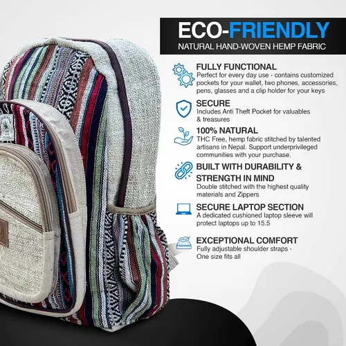Vista 4 de KayJayStyles Natural - Mochila grande de cáñamo Nepal hecha a mano, BKPK-2, Computadora portátil