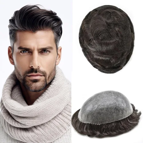 Vista 7 de Mens Toupee Hair System para hombres Piezas de pelo Sistema de reemplazo Poly Skin Toupee para hombres Protesis Capilar Para Hombre 6X8#1 Jet Black