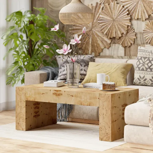 Vista 9 de COZAYH Mesa de café moderna de madera con acabado en buril, patas gruesas, mesa central rectangular para sala de estar, diseño elegante