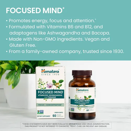 Vista 3 de Himalaya Suplemento mental enfocado, con Ashwagandha, Bacopa y L-teanina para atención, concentración y apoyo energético, 60 cápsulas veganas, sin