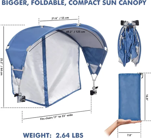 Vista 6 de Toldo Universal para Silla con Sombrilla, Protección Solar UPF 50+ con Abrazadera Ajustable, Compatible con la Mayoría de Marcas de Sillas de Playa